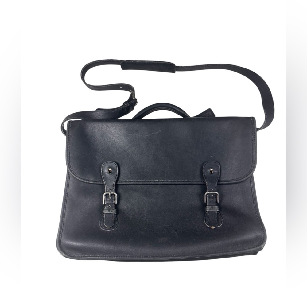 COACH VINTAGE Black Leather Briefcase Double Buckle Fasteners + Top Handle